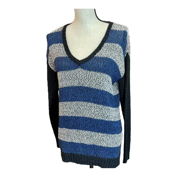 Kensie Womens V-Neck Sweater Blue Gray Black Striped Long Sleeve Pullover S - Picture 3 of 9